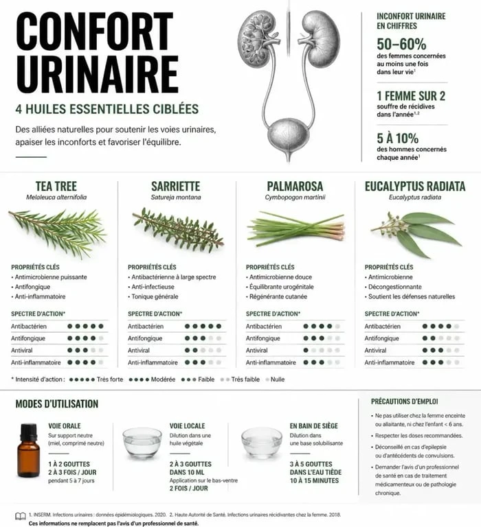 Infographie des huiles essentielles pour infection urinaire et cystite