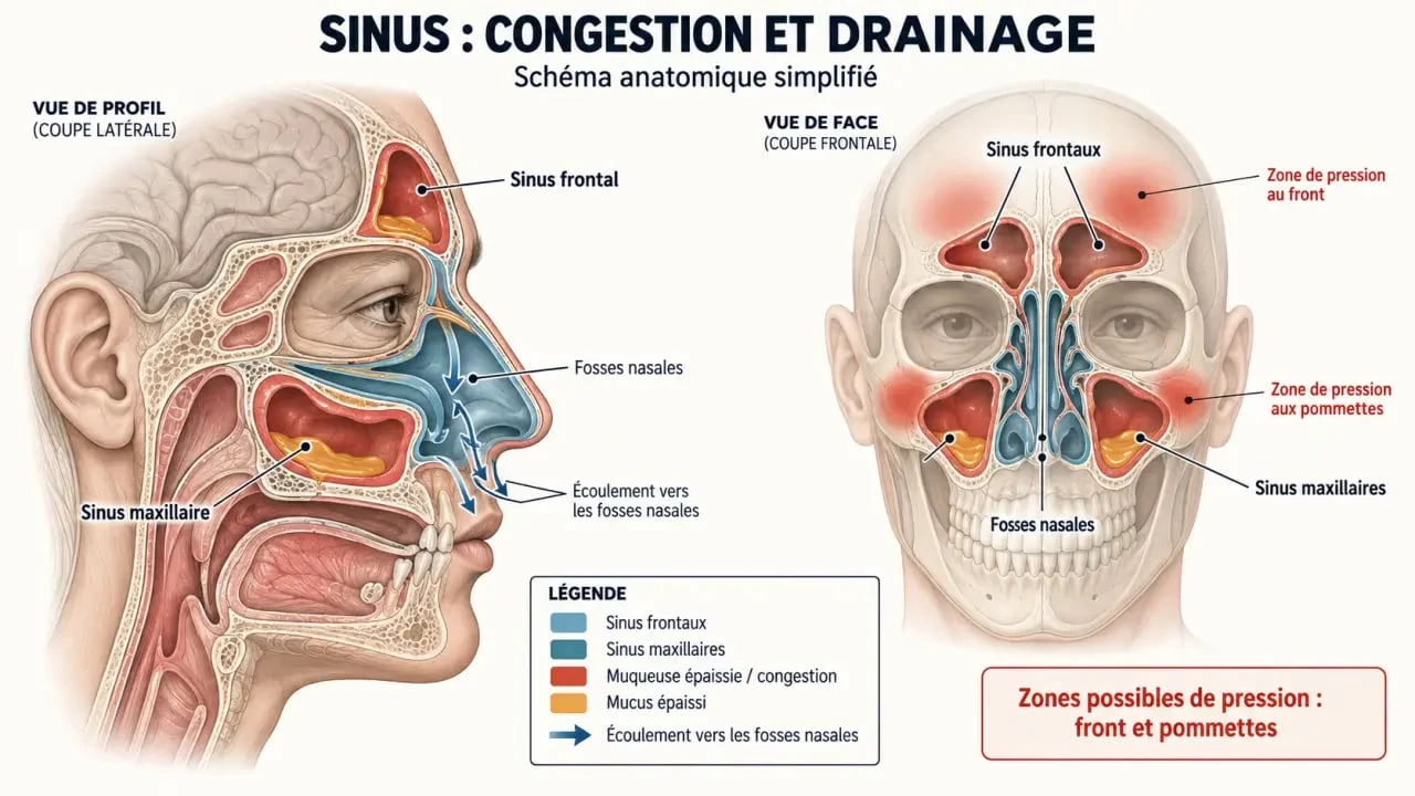 Schéma des sinus et de la congestion dans un article sur la sinusite et les huiles essentielles