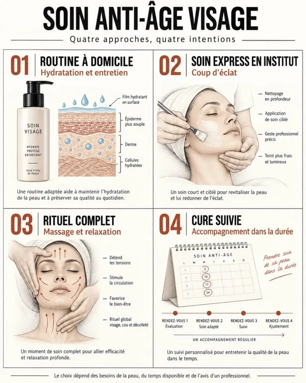 Infographie comparative des options de soin anti-âge visage à domicile et en institut