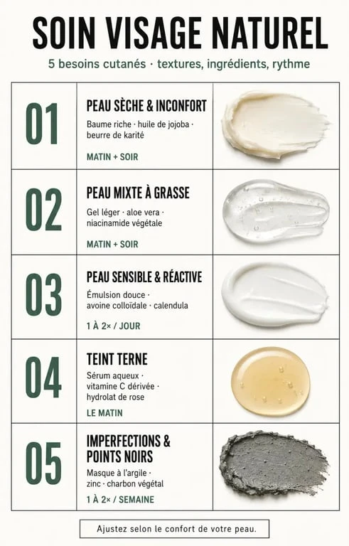 Infographie sur le soin pour visage naturel selon le type de peau et le besoin