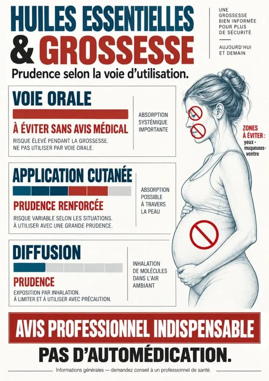 Infographie sur les huiles essentielles grossesse et les voies d’utilisation à éviter