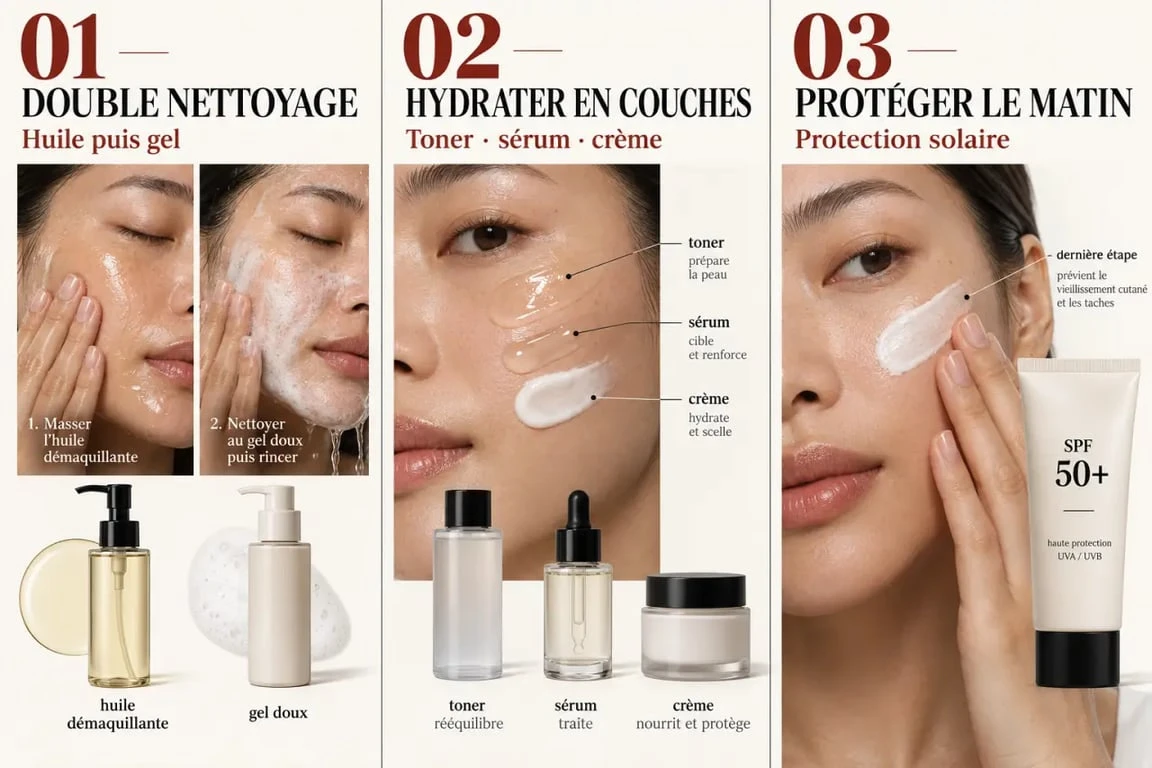 Les trois étapes essentielles d’un soin visage coréen : nettoyage, hydratation et protection solaire