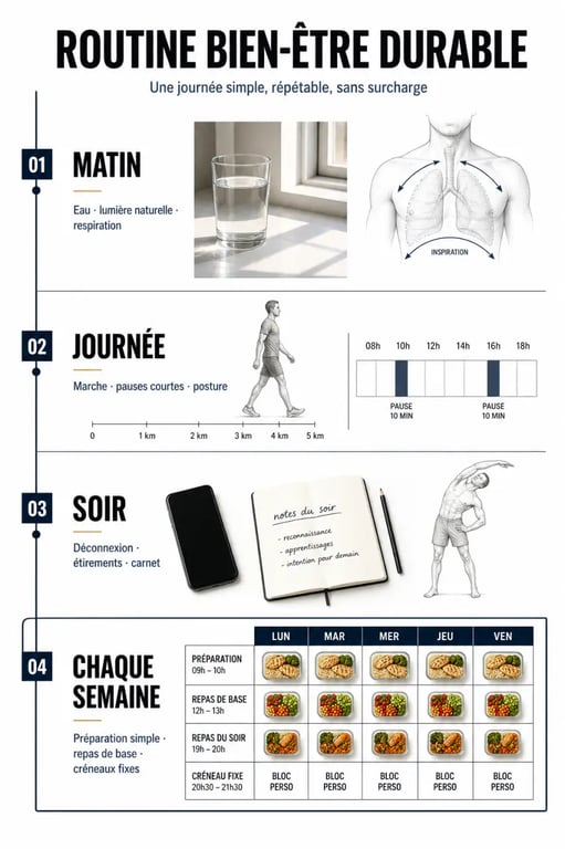 Comment intégrer des routines bien-être durables au quotidien : timeline du matin, du soir et du bilan hebdomadaire