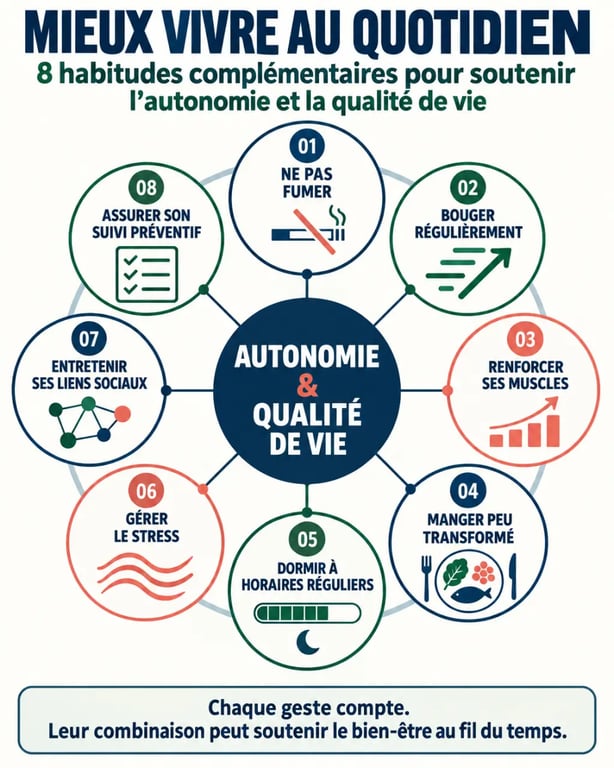 Infographie sur le bien-être au quotidien et les gestes simples pour mieux vivre plus longtemps