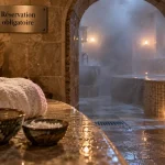 Hammam café à Grenoble : serviette, banc humide et vapeur en salle de hammam