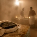 Hammam Eden Marseille, salle de vapeur, serviette et gant Kessa sur pierre