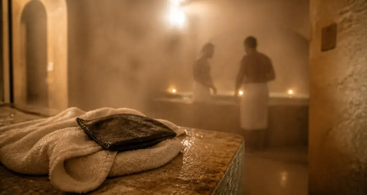Hammam Eden Marseille, salle de vapeur, serviette et gant Kessa sur pierre