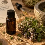 Huiles essentielles origan en flacon ambré avec origan sur table