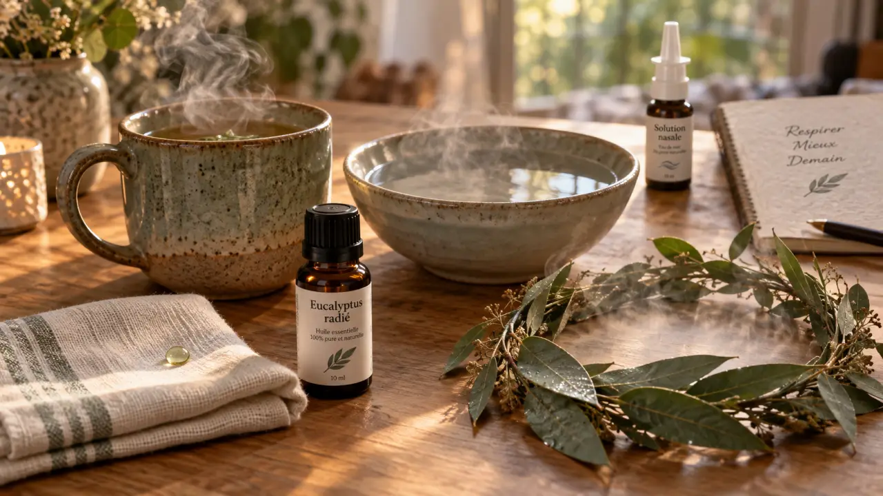 Sinusite et huiles essentielles : goutte d’eucalyptus sur mouchoir et vapeur légère