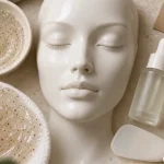 Soin exfoliant visage : gel exfoliant et spatule en salle de bain