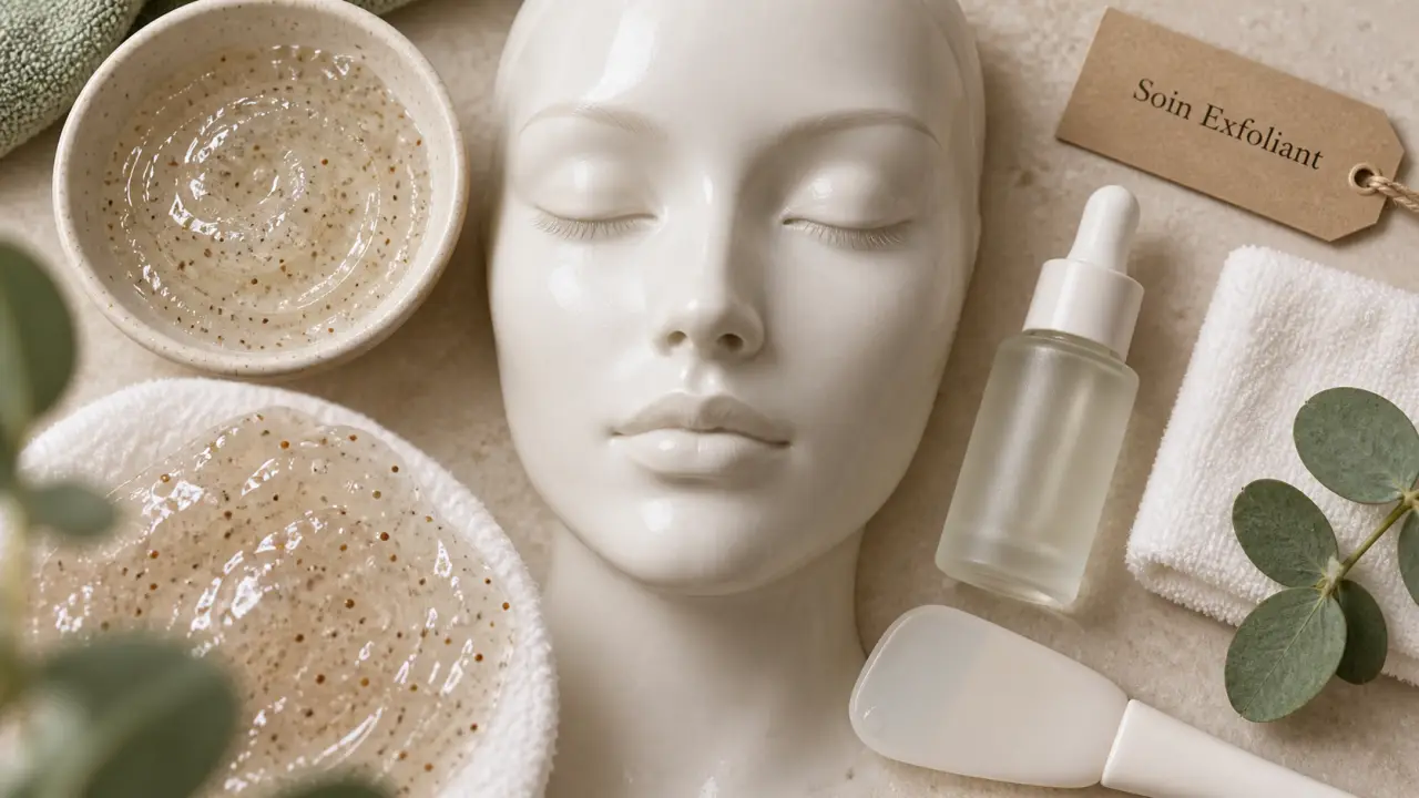 Soin exfoliant visage : gel exfoliant et spatule en salle de bain