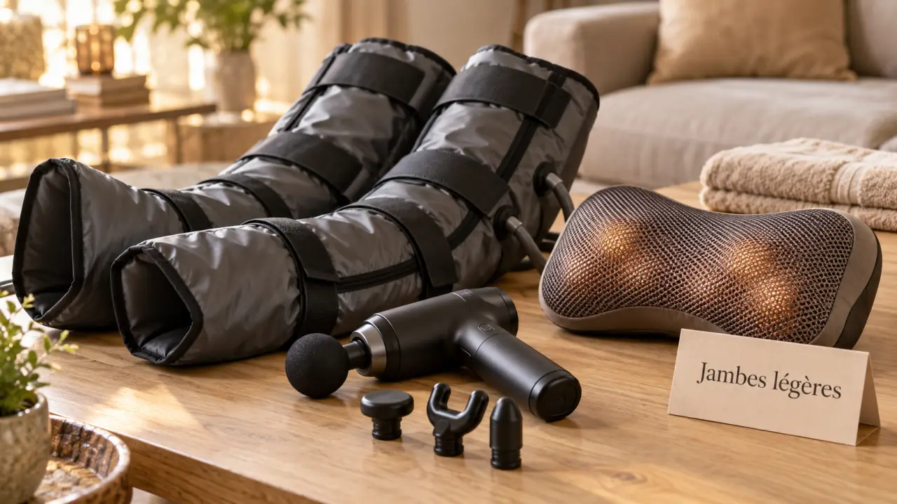 Appareil massage jambes : pressothérapie, pistolet et coussin shiatsu