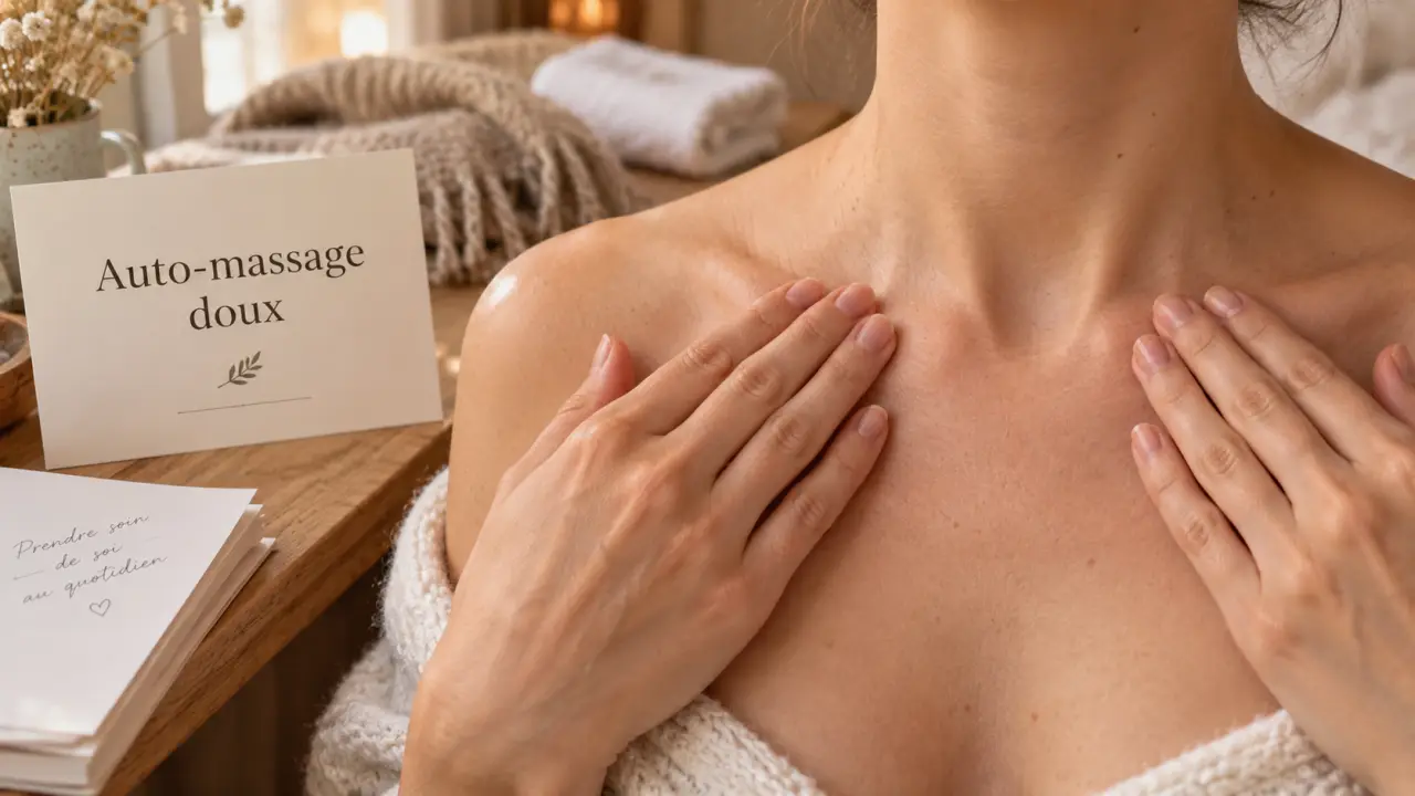 Auto massage lymphatique : mains sur les clavicules, gestes doux