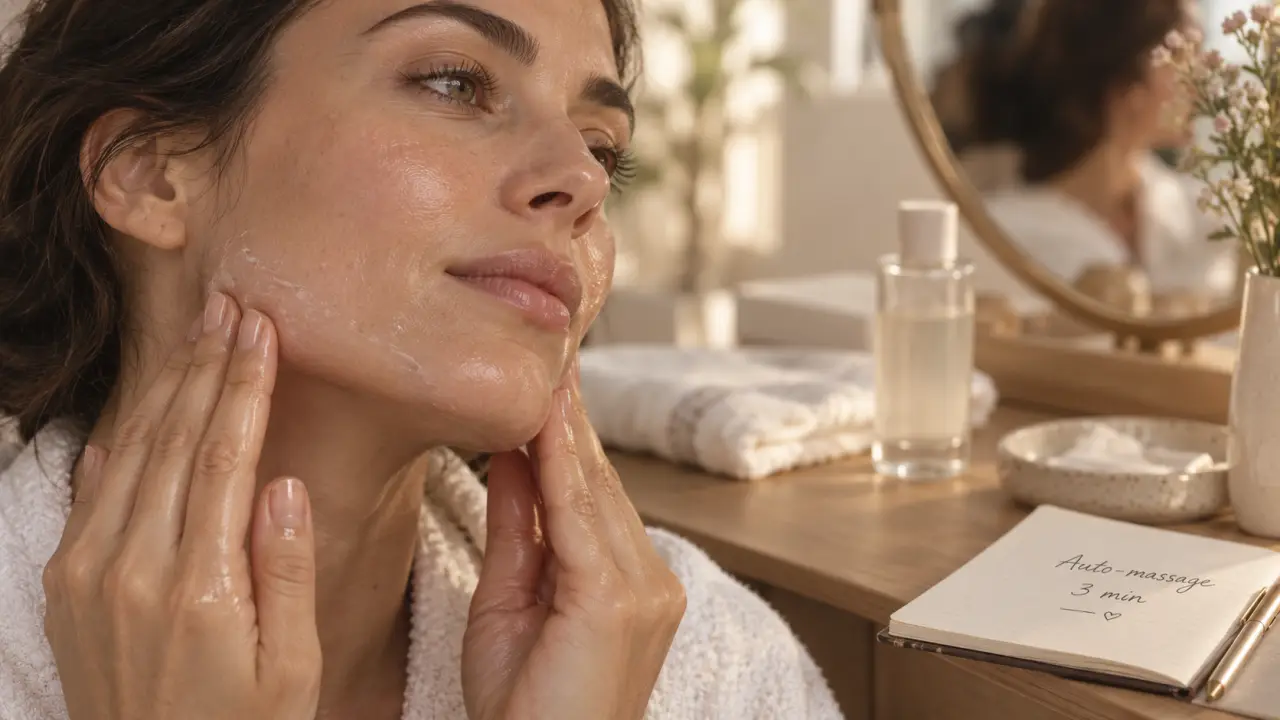 Auto massage visage 3 minutes : mains massent la mâchoire, peau détendue