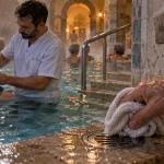 cure thermale montbrun-les-bains avis : bassin thermal avec serviette et kinésithérapeute