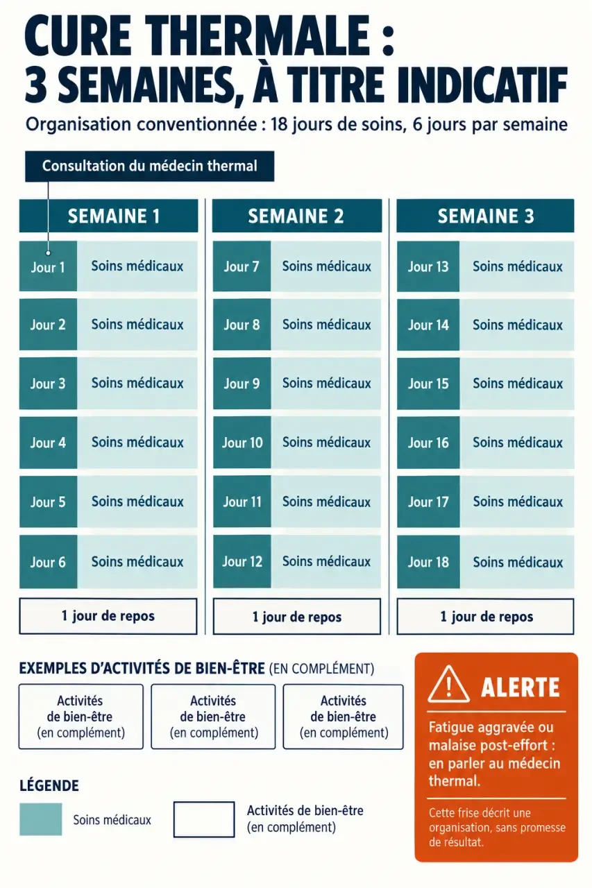 Déroulement d'une cure thermale pour fatigue chronique sur trois semaines avec soins et temps de repos