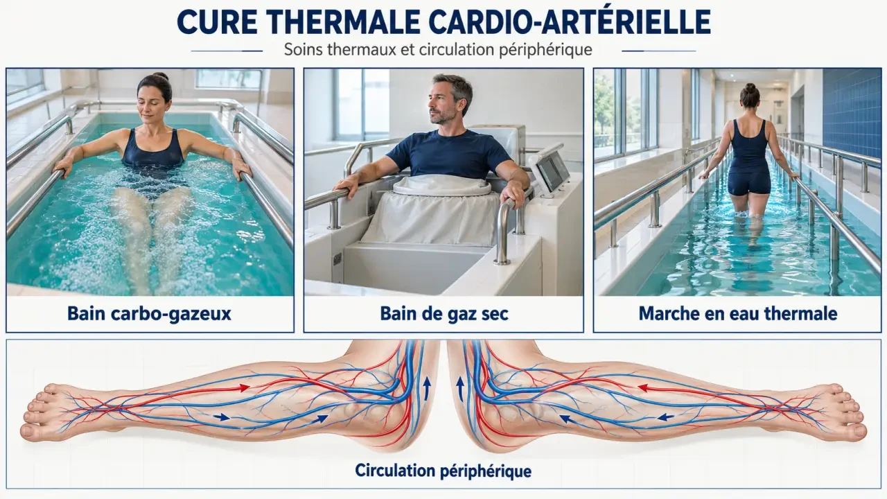 Liste cure thermale cardio vasculaire : soins thermaux et couloir de marche expliqués en illustration