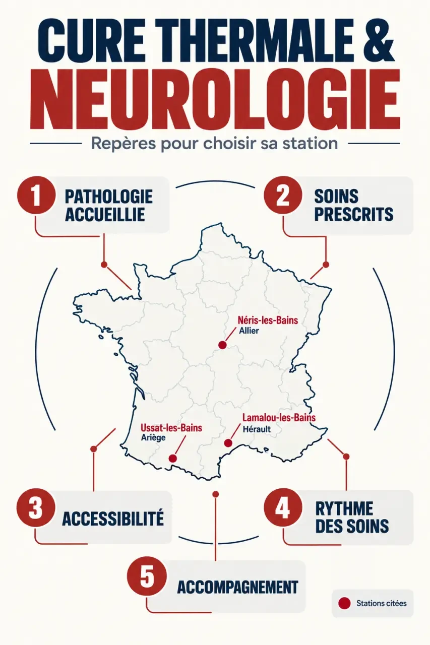 Cure thermale neurologie : carte des stations agréées de Lamalou-les-Bains, Ussat-les-Bains et Néris-les-Bains