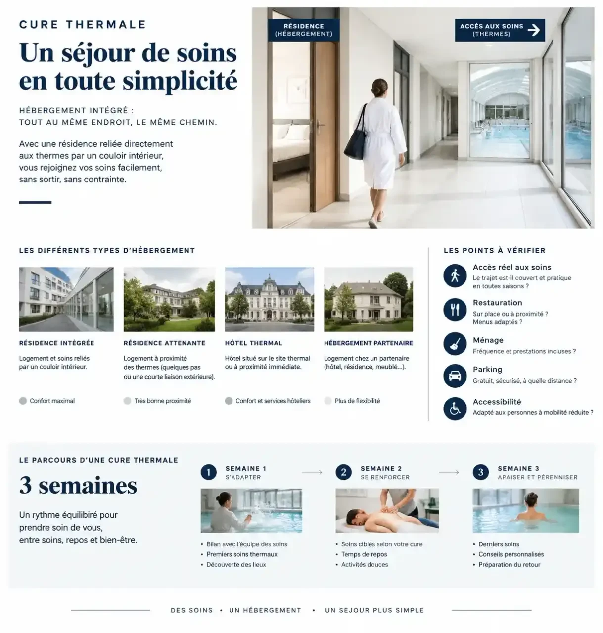 Infographie sur une cure thermale avec hébergement intégré et les différences entre résidence attenante, hôtel thermal et logement partenaire